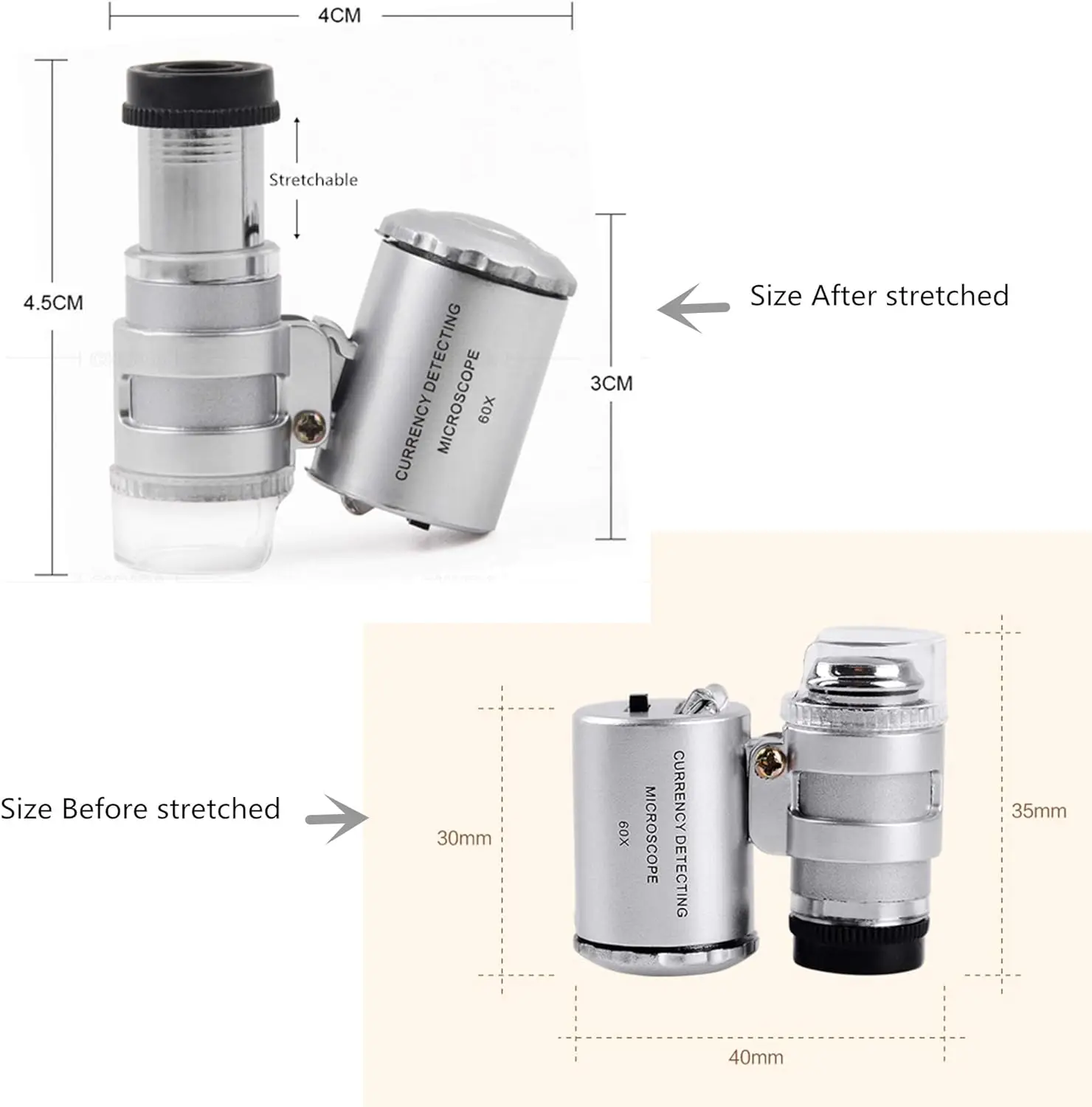 مكبر مجوهرات محمول مع ضوء LED ، عدسة مكبرة صغيرة للجيب ، مكبرة للمجوهرات فوق البنفسجية ، مجهر صغير مضيء ، 60X