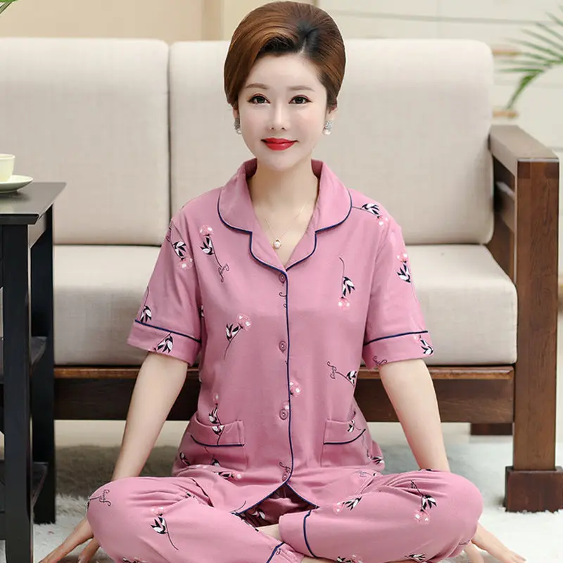 Summer Women's Suit Cardigan Pijama Feminino Printing Sleepwear Middle Aged Mother Two-piece Cotton Pajamas Set Home Wear