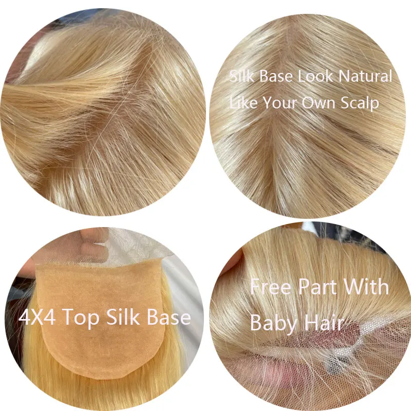 Zijden top kant sluiting rechte as blonde zijde basis menselijk haar kant sluiting met baby haar 4x4 braziliaanse maagdelijke human hair 613 #