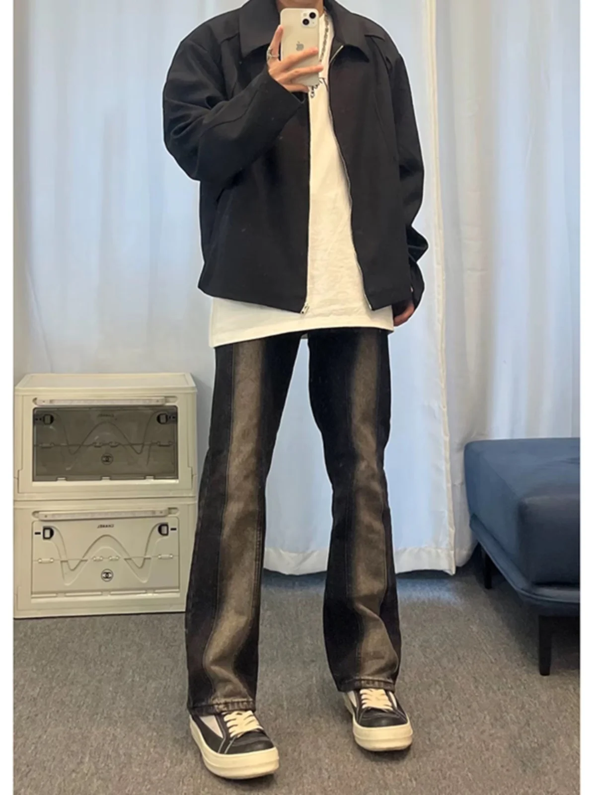 

aduated Color Men's Jeans High Street Sle Patchwork Straight Leg Trousers Trendy Autumn Wear Comfortable Loose Fit Denim