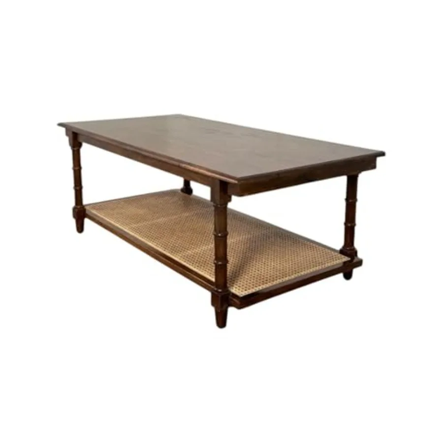 

Chesterfield Mango Wood Coffee Table Rectangular Natural Rattan Shelf Storage, Cane Accent Design - Handcrafted Living Room Fur