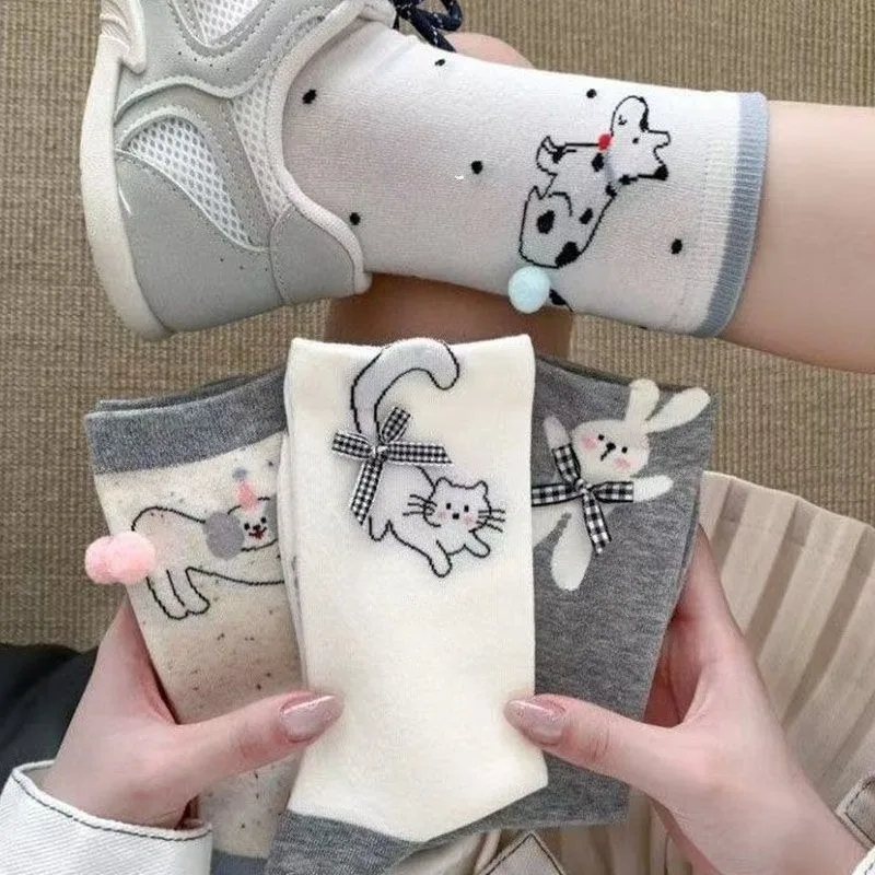 

1/4 Pairs Spring and Autumn Fashion Cartoon Animal Cute Dog Middle Socks Sweet Girl Comfortable Breathable Sweat Absorbing Socks