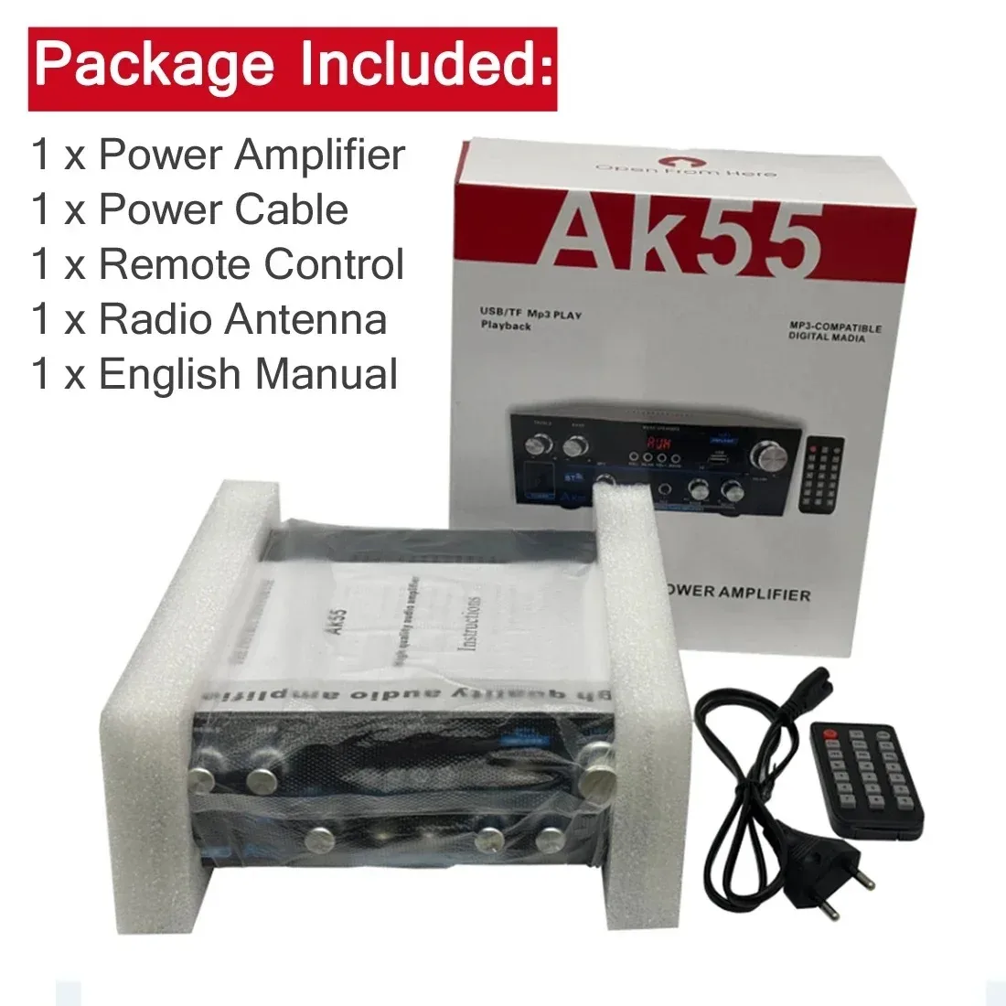 AK55 Bluetooth Amplifier with Microphone Support – Adjustable Bass, Treble, Reverb & Delay – Bluetooth, USB, SD & FM Radio