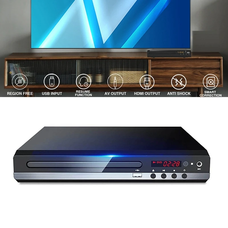 DVD Player 1080P HD Home DVD Player Box For TV All Region Free DVD CD-Disk Player AV-Output EVD Player--EU Plug Durable Black