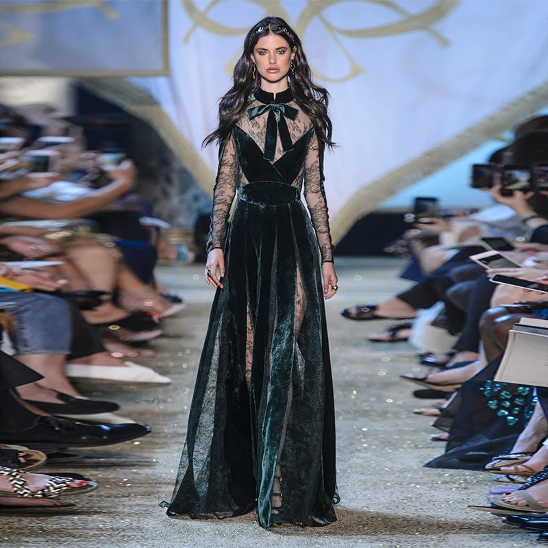 

2076 сексуальное темно-зеленое бархатное платье Elie Saab с высоким воротом и длинным рукавом, вечерние платья