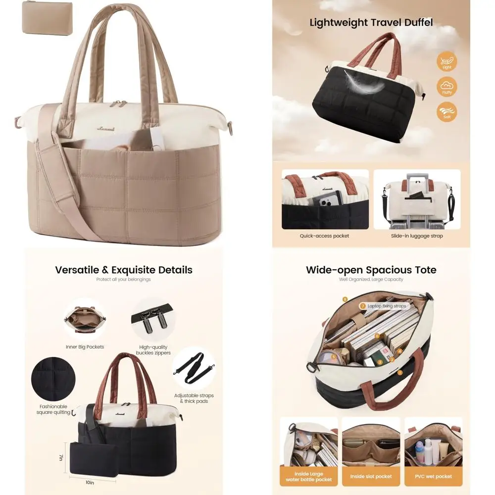 

Water-Resistant 36L Quilted Duffle Bag for Women - Travel, Gym, and Overnight Use with Wet Pocket Tote Bag for Weekend Trips