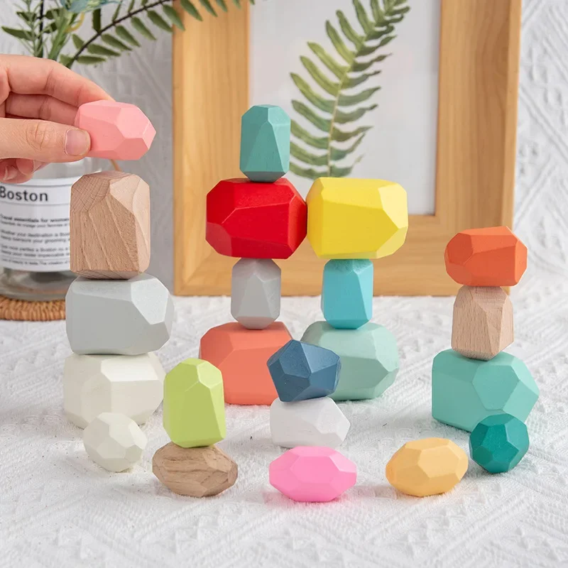 Children Color Enlightenment Cognitive Wooden Colorful Stacked Stones To Build Blocks Puzzle