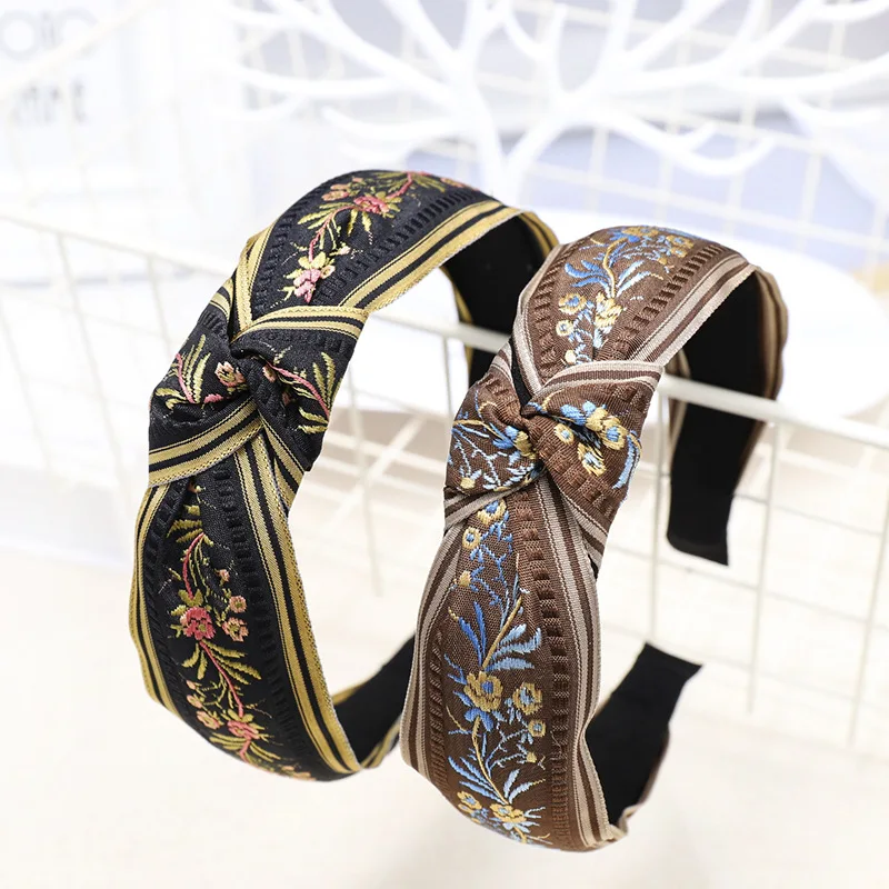 New Retro Female Ethnic Hairband Embroidery Flower Leaf Headband Head Bezel for Women Cross Knotted Hair Hoop Headbands Headwear