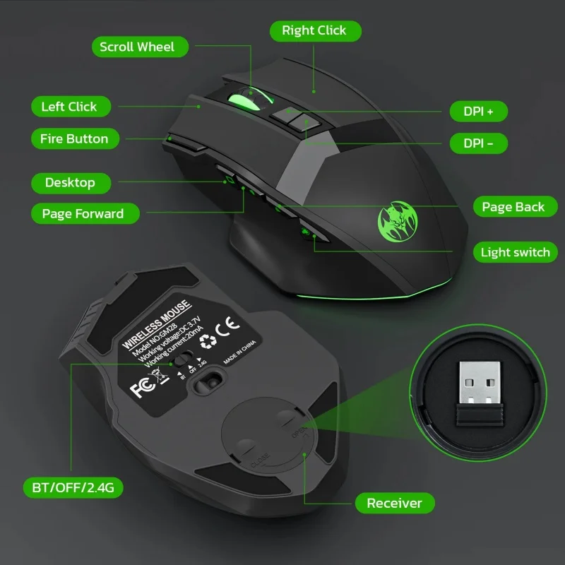Dual Mode Mechanische Maus 5,1 + 2,4G Drahtlose Bluetooth Maus Tragbare Wiederaufladbare Maus 4800DPI Ergonomische Computer Gaming Maus – Detail 7