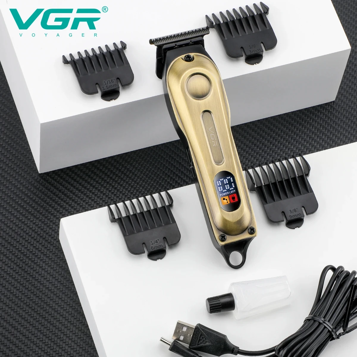 Maszynka do włosów elektryczna VGR V-294 Retro Metalowa z ostrą głowicą w kształcie litery T, męska, do modelowania włosów, z wyświetlaczem LED i funkcją wodnego chłodzenia.