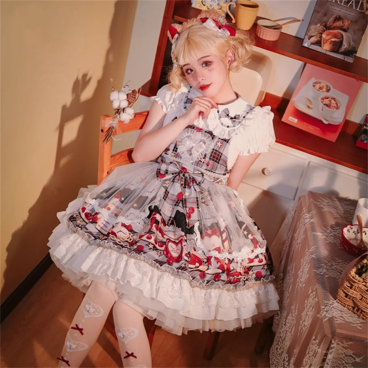 

Pastoral Style Sweet Loli Jsk Lolita Cosplay Kawaii Girls Plaid Print Cherry Raspberry Jam Striped Ribbon Bow Lace Ruffle Dress