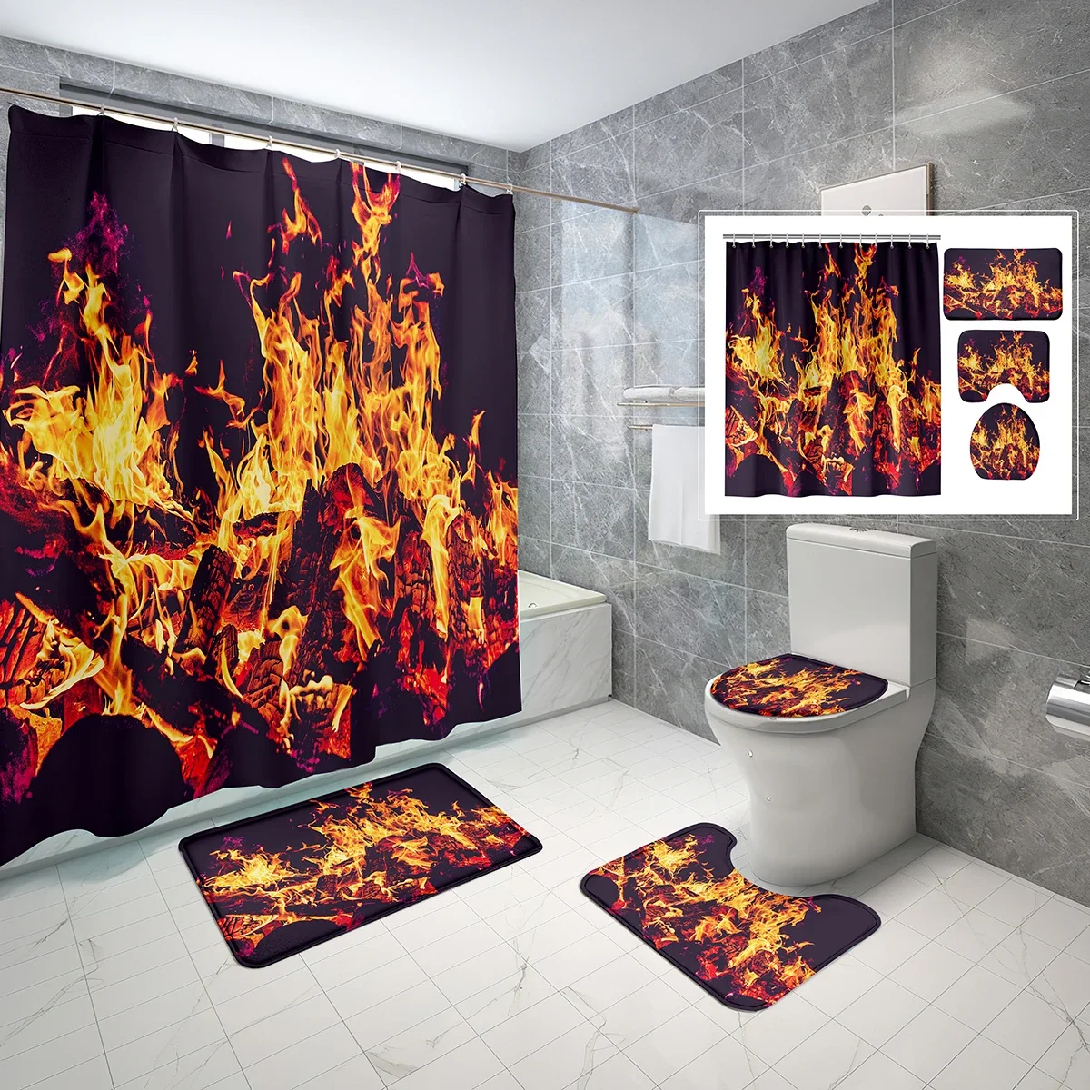 

4 Sets Flame Shower Curtain Sets with Non-Slip Bath Mat,Toilet Lid Cover and Abstract Lighting Branch Fire Shower Curtain Set