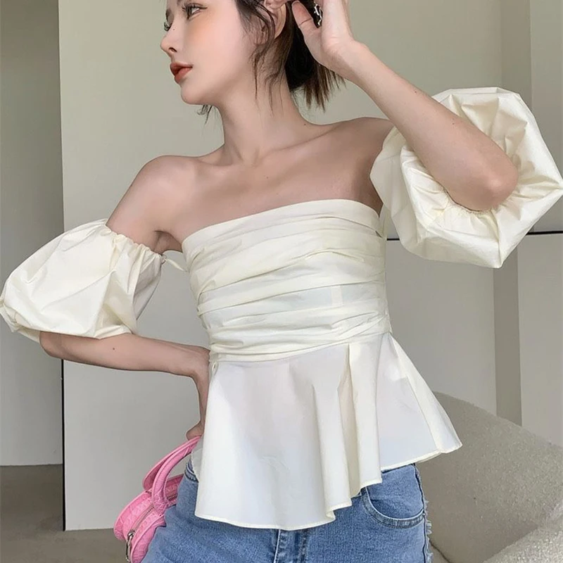 Gidyq Sexy Off Shoulder Women T Shirts Korean Fashion Folds Puff Sleeve Tops Summer Female Elegant All Match Tees New