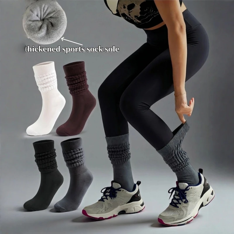 Meias Femininas de Cano Alto Empilhadas, Design Plissado, Meias de Moletom para Outono Inverno, Meias Folgadas, Meias Esportivas para Corrida e Fitness