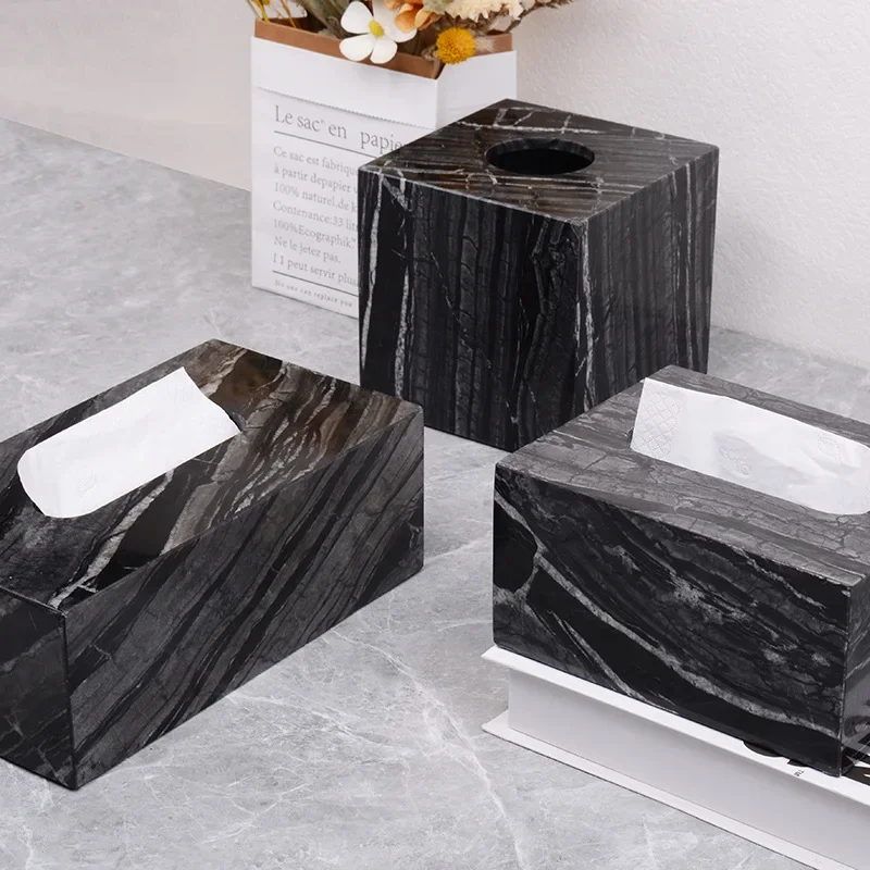 Nordic Living Room Restaurant Hotel Clubhouse Bathroom Light Luxury Drawn Paper Box Natural Marble Square Stone Tissue Box