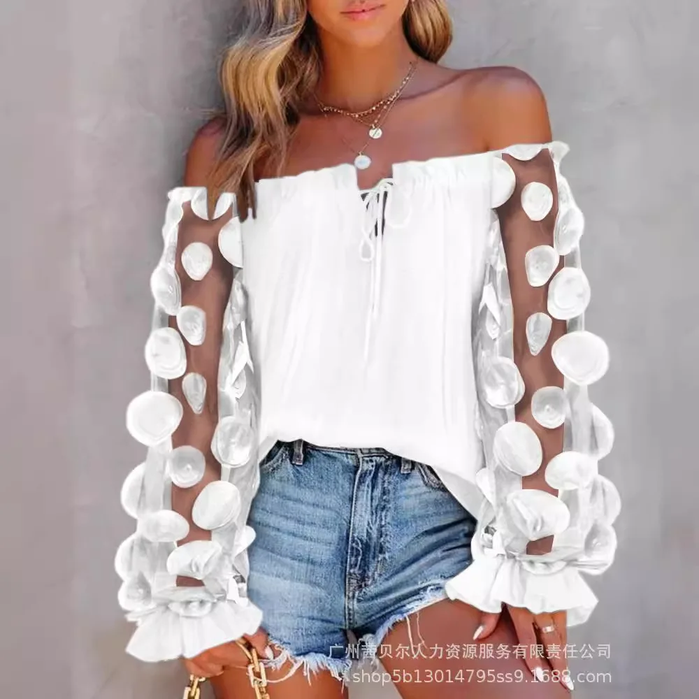 Women Tops Slash Neck Flare Sleeve Solid Pullovers Ruffles Casual T Shirts Elegant Lady Slight Strech Autumn 2024 Patchwork