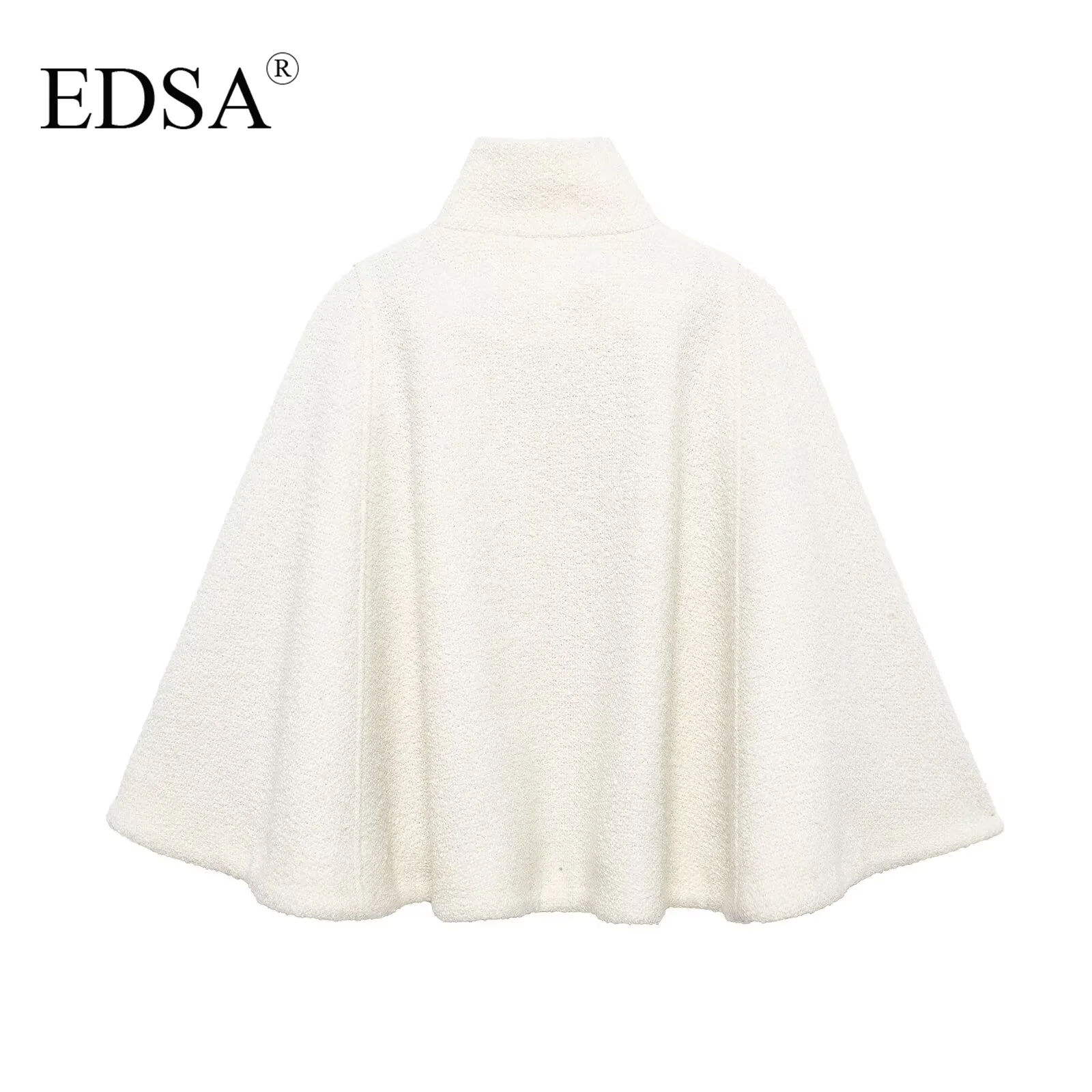 EDSA Women White Wool Blended Cape with Hidden Button Spring New Fashion Soft Chic Cloaks