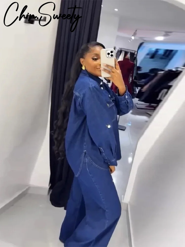 

Casual Street Denim Blue Shirt Pants Women Set Long Sleeve Lapel Button Top Wide Leg Trousers 2025 Autumn Chic Lady Outfit New