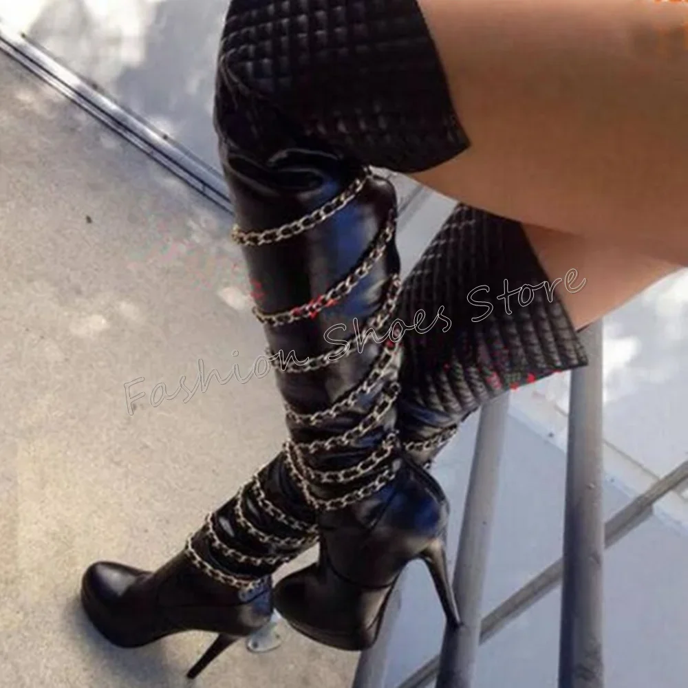 Zwarte Platform Chain Decor Laarzen Over de Knie Stiletto Hoge Hakken Hoge Hak Schoenen voor Vrouwen Hakken 2025, Nieuwe Zapatos Para Mujere