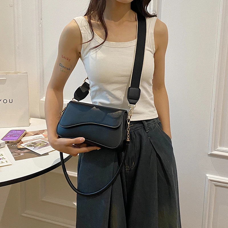 Fashion Elegant Shoulder Bags for Women PU Leather Aesthetic Handbags Female Crossbody Bags Double Belt Removable and Adjustable