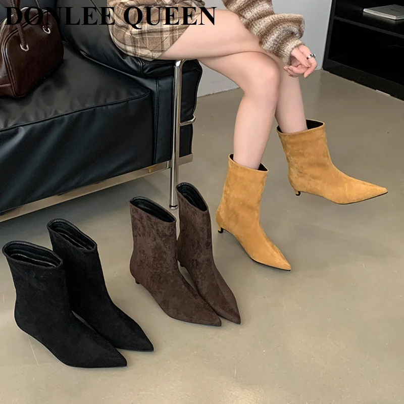 

2024 Autumn Winter Booties Fashion Pointed Toe Ankle Boots Women Designer Vintage Thin Low Heel Shoes Modern Slip On Short Boots