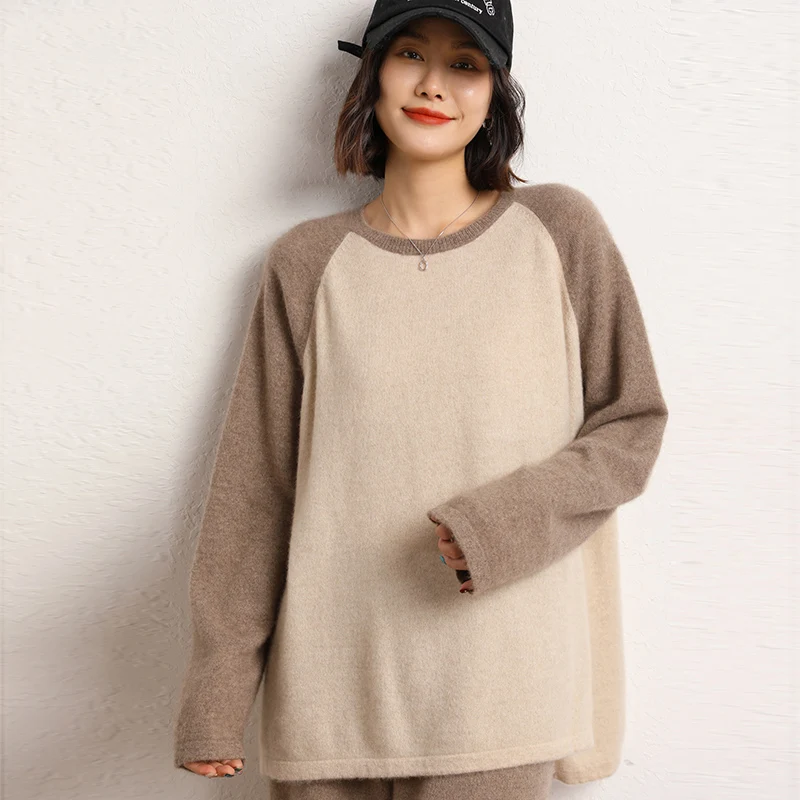 Women's Raglan Sleeve Round Neck Color Blocked Goat Cashmere Sweater French Fashion Loose Fitting Pullover Knitted Jumper Top