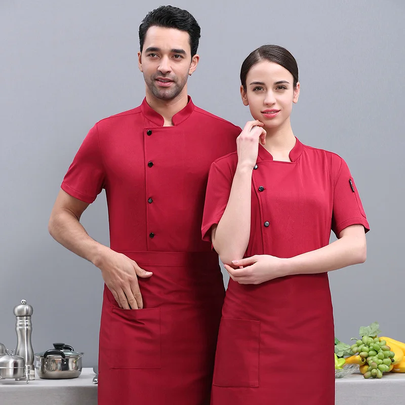 Oddychająca letnia bluza kucharska z fartuchem, odzież kelnerska do restauracji, unisex, krótki rękaw, uniform piekarza, uniform hotelowy.