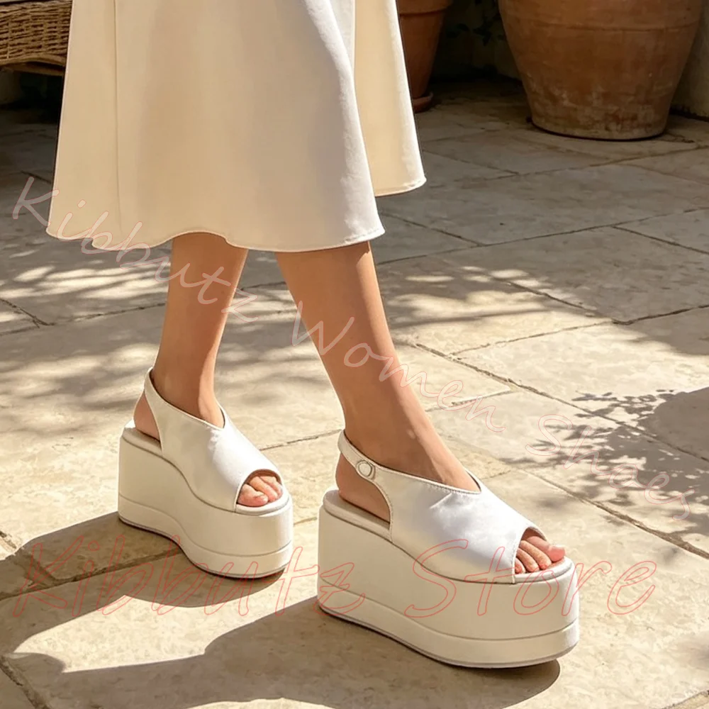Slingback Platform Wedge Sandal Peep Toe Satin Upper Adjustable Buckle Back Strap Women Fashion Streetwear Solid Color Shoes New