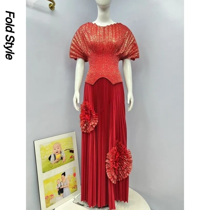 

Miyake Pleated Skirt Set 2025 New V-Neck Solid Colour Ironing Top Handmade Flower Fashion Women's Skirt Set Loose