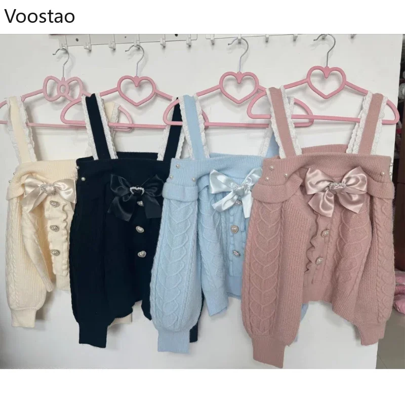 Japanese Sweet Lolita Style Knitted Pullover Autumn Girl Cute Bow Off Shoulder Pearl Sweater Women Harajuku Knitwear Tops Spring