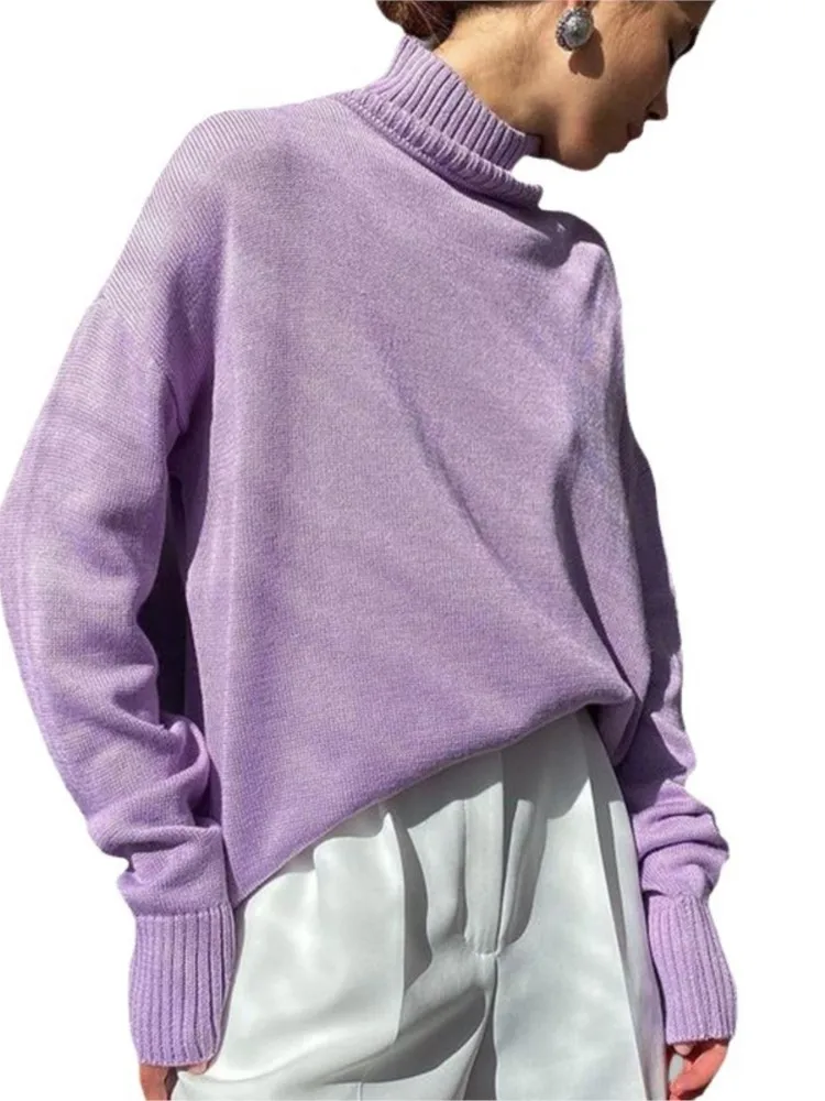 

Женские однотонные повседневные пуловеры с высоким воротником, женские модные свободные свитера с длинными рукавами, осень-зима, женские офисные свитера