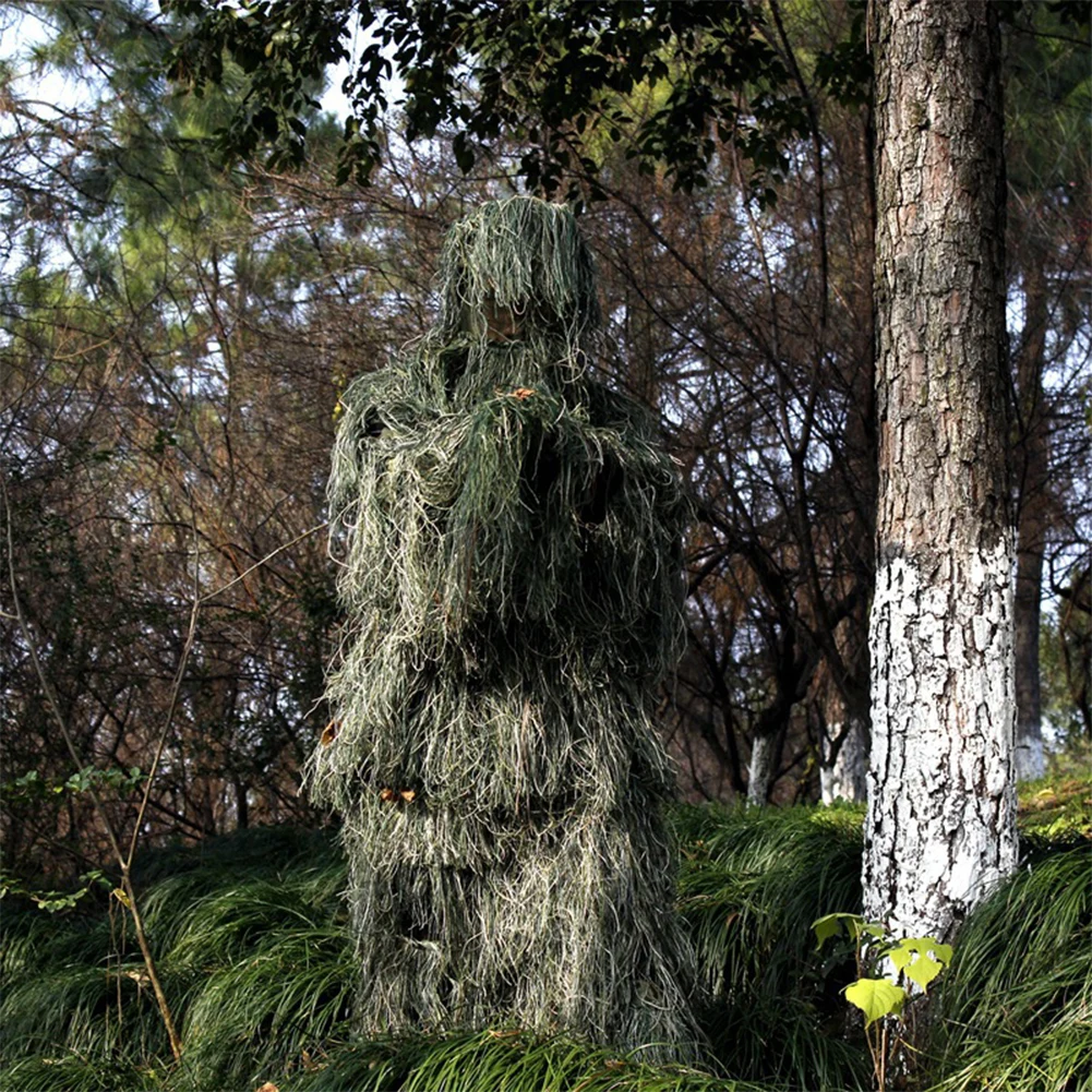 5 Piece Camouflage Ghillie Suit Set for Hunting Includes Jacket Pants Hood and Carry Bag Ideal for Outdoor Activities