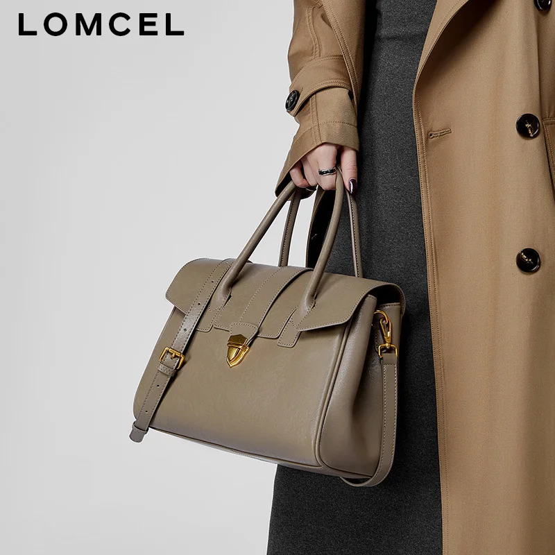 LOMCEL 118 Retro genuine leather handbag - new full-grain cowhide large capacity briefcase for business trips and daily commutes