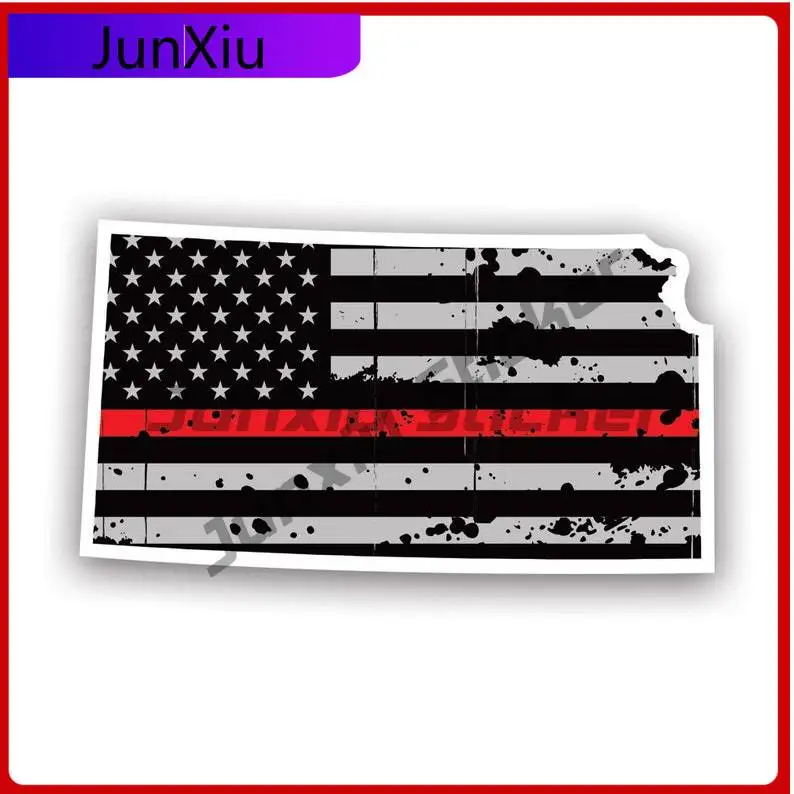 

Distressed Thin Red Line Kansas State Shaped Subdued Us Flag Sticker Uv Protected Fire Firefighter Safety Ks Car Sticker Vinyl