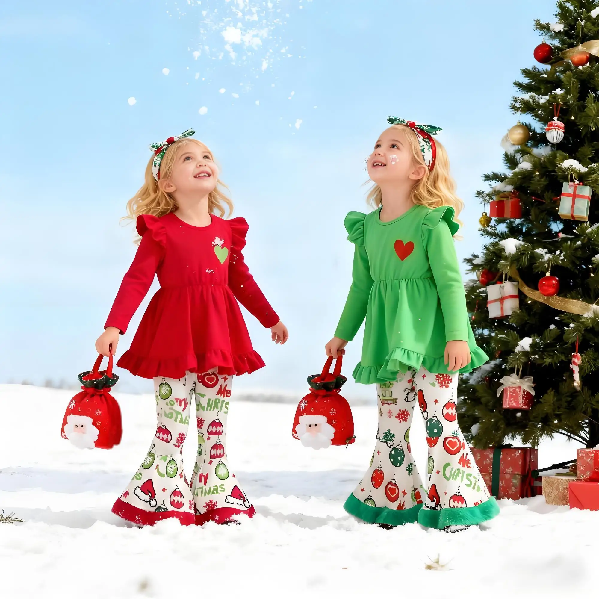

Chico Boys Store Kids Girls Christmas Outfits Sets Heart Green T-shirt and Plush Flared Trousers 3pcs 2026 New Year Costumes