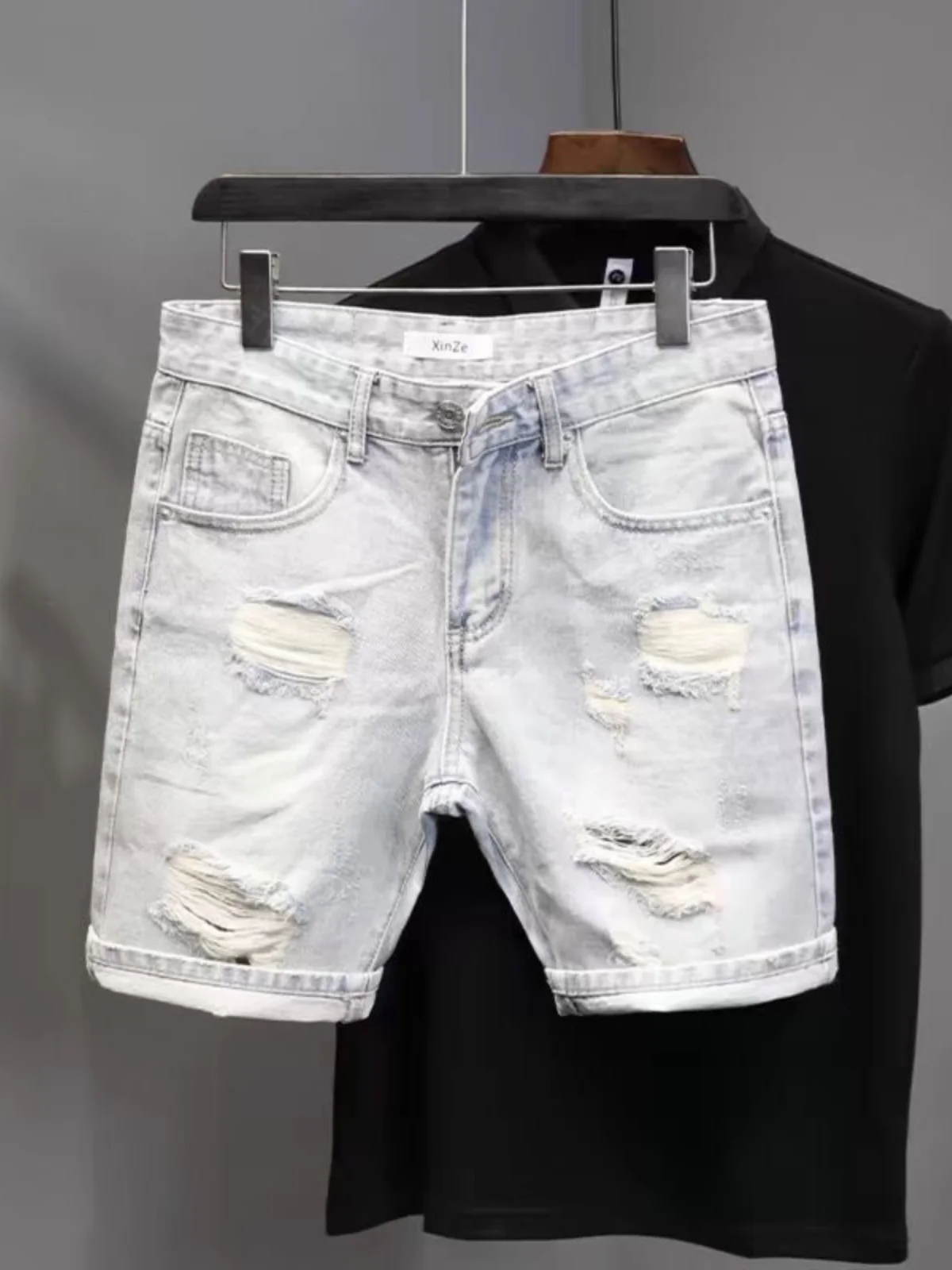 

Новые летние мужские джинсовые шорты Slim Fit с эффектом потертости и дырками, модные, длиной пять дюймов, молодежный тренд