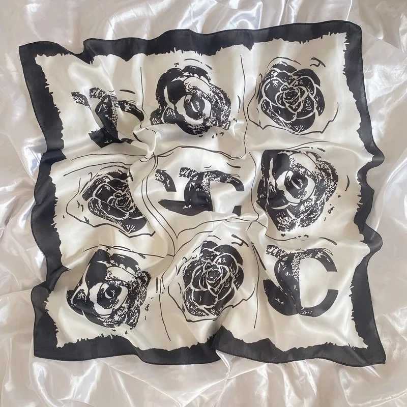 1pcs 70cmC Letter Rose Printed Silk Scarf Women Thin Silk Scarfs High-end Fashion Versatile Clothing Bags Headgear Square Scarf