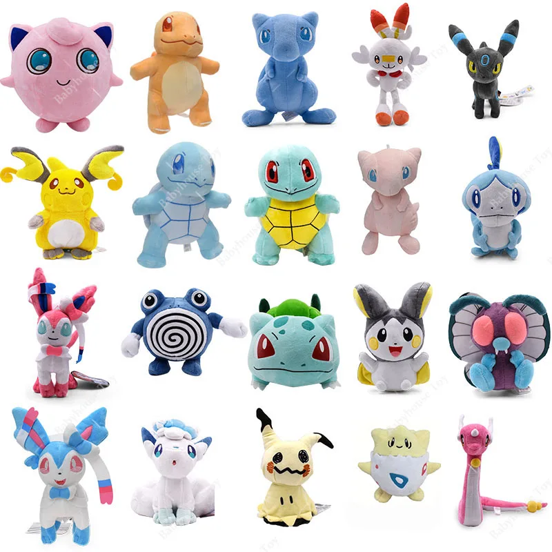 Pokemone Sylveon Plush ตุ๊กตา Eevee Bulbasaur Vaporeon อะนิเมะตุ๊กตาของเล่นตุ๊กตา Zapdos Moltres Kawaii ตุ๊กตาสำหรับของขวัญเด็ก