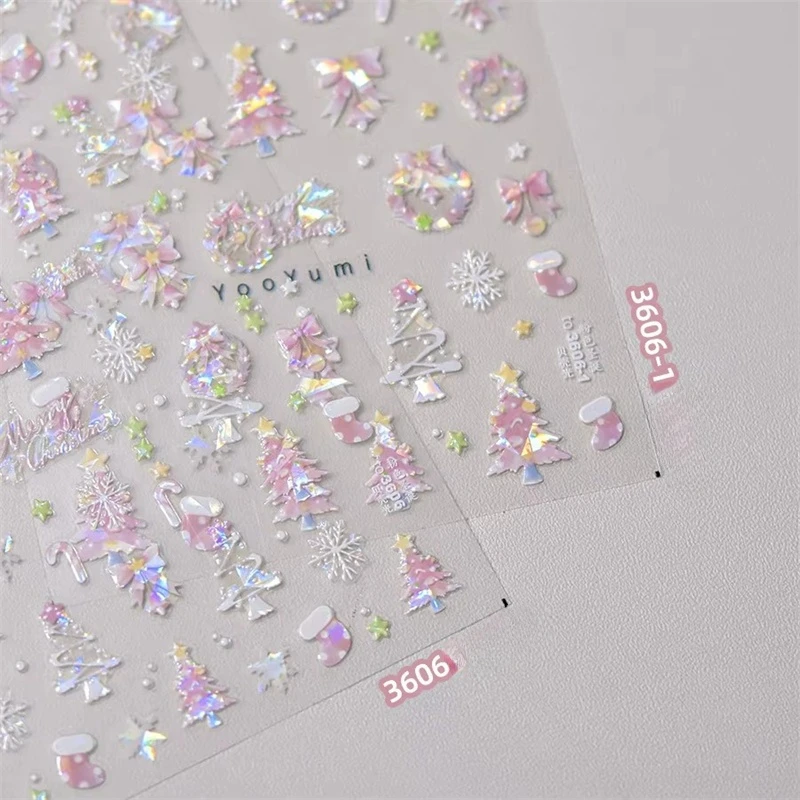 PinkSnowflake Christmas Tree Nail Art Stickers Cute Snowflake Stars Self-Adhesive Nail Art Stickers 5D Embossed Nail Art Sticker