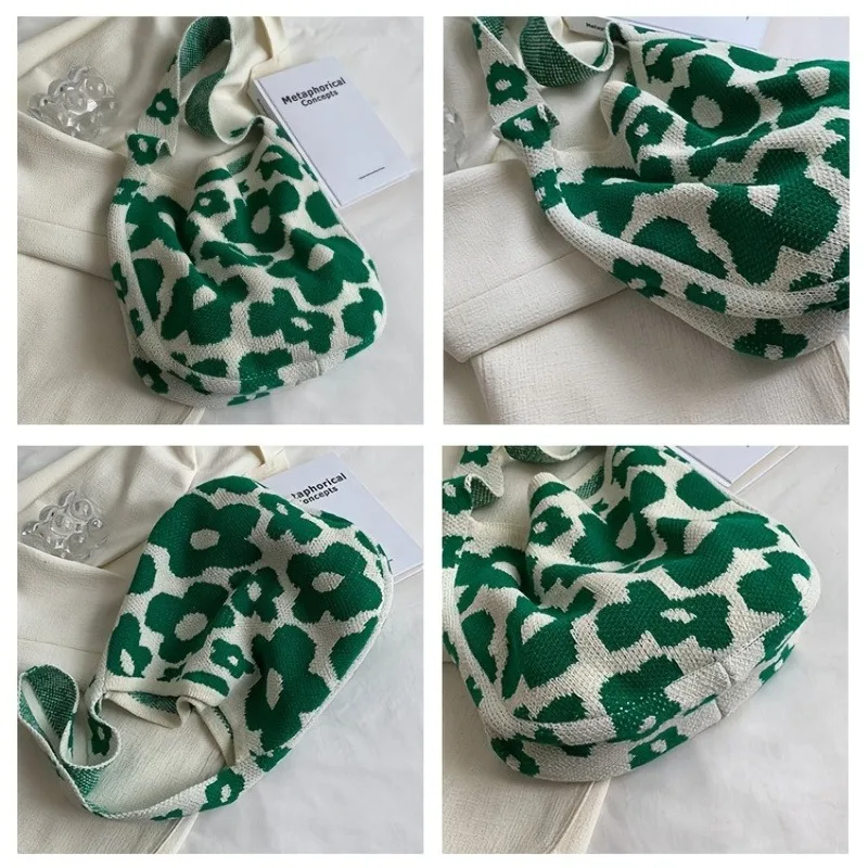 Sac à Bandoulière en Velours Côtelé à Motif Floral Vert pour Femme, Causal, Bande Dessinée, Grande Capacité, Crochet, Extensible, Hobo