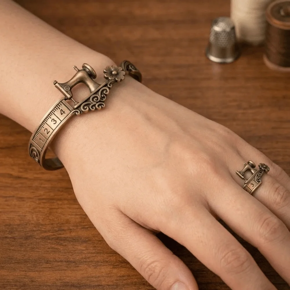 Gift Elegant Sewing Machine Bracelet Vintage Metal Adjustable Cuff Bracelet Unique Craft Design Finger Ring Party