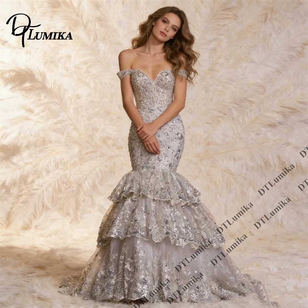 

DTLumika - Off Shoulder Tiered Prom Dress for Women 2026 Sequined Princess Gala Events Evening Dresses Customized Size