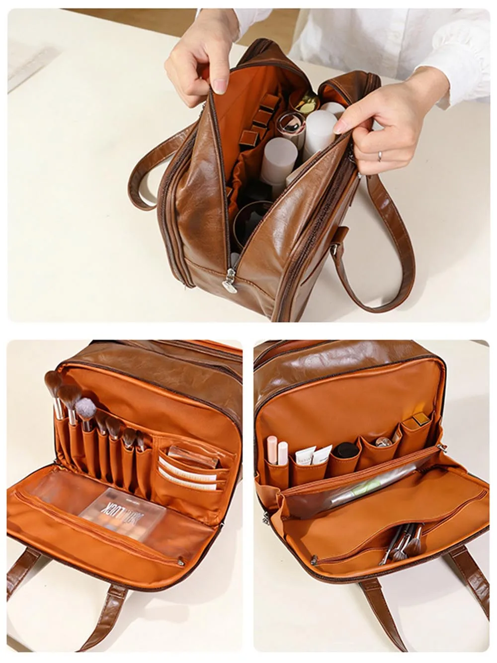 Oil Wax Leather Three Layer Makeup Bag for Women Multiple Layers Large Capacity Women's Travel Handbag Love Zipper Storage Bags