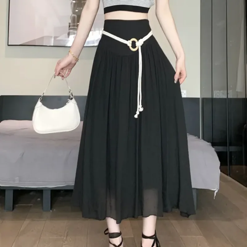Pink Cotton Linen A-line Skirt For Women Summer Thin Mid-length Pleated Lace-up Fluttering Skirt