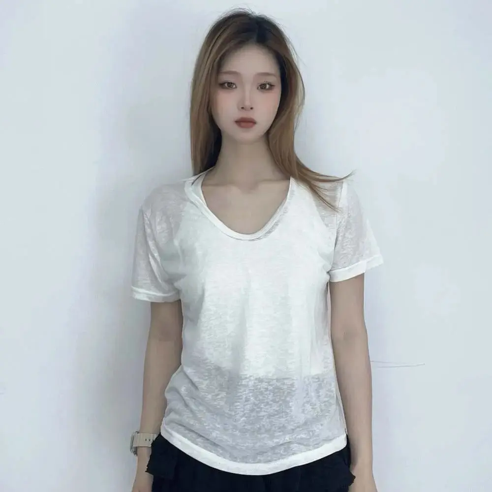 

Elegant Women V-Neck Ice Silk Thin Basic Shirt Summer Solid Loose See-through Top Casual Soft Breathable Short Sleeve T-shirt