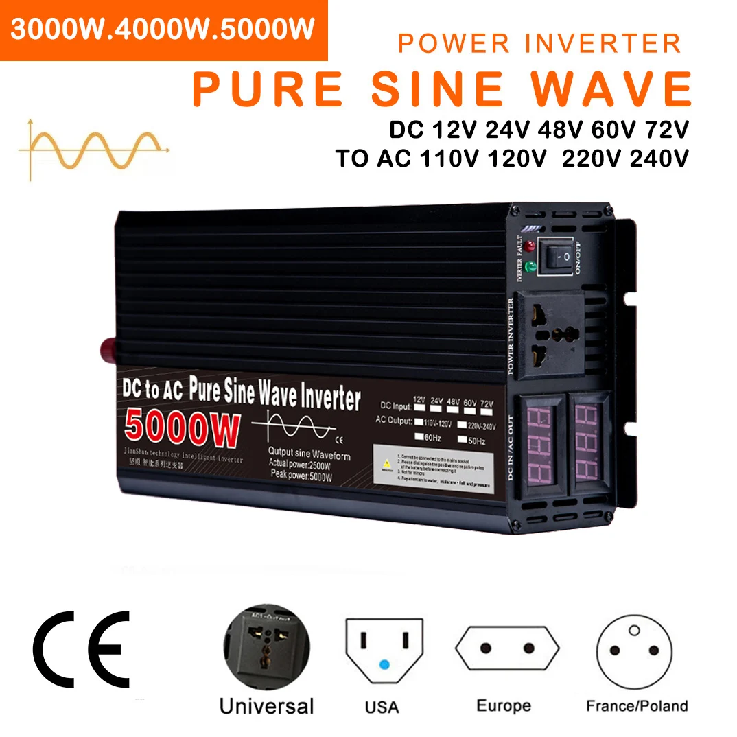 Pure Sine Wave Inverter 5000W 4000W 3000W 2000W 12v/24v 110v/220v DC To AC 50/60HZ Power Converter Portable Power Inverter LCD