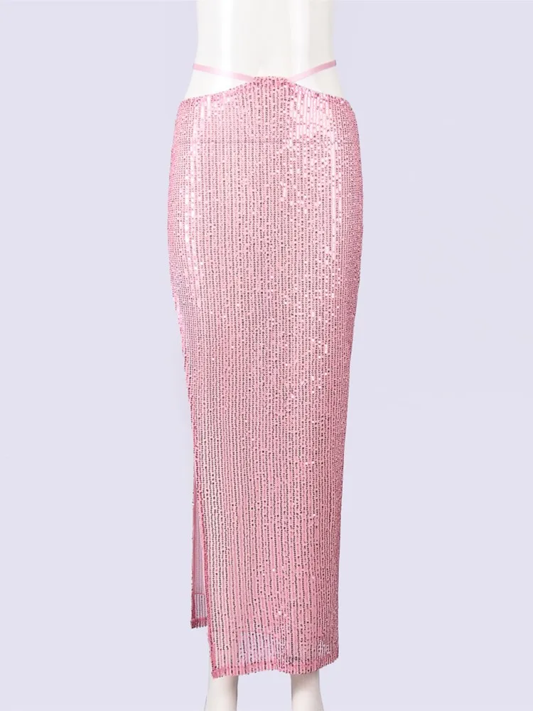 Fashion Solid Beach Sequin Women's Casual Lace Up Low Waist Slit Maxi Skirt Summer 2026 New Beachwear Spice Girl Bikini Cover Up