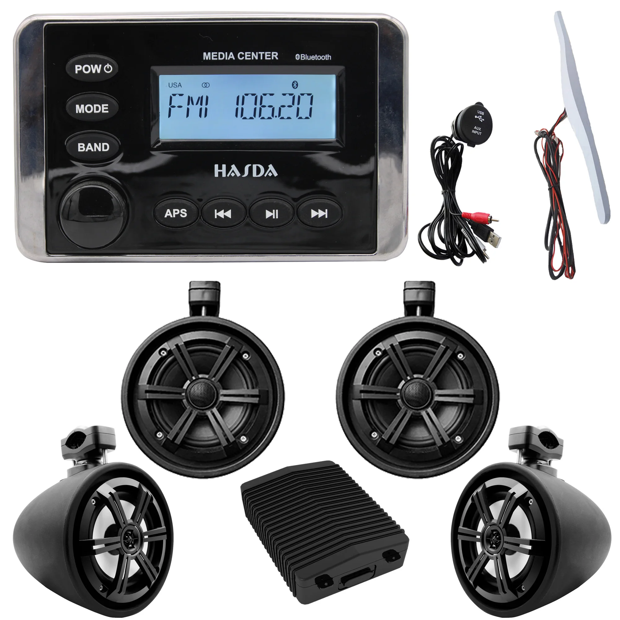 

Waterproof Marine Hanging Speakers 6.5 Inch H-6108*4+Bluetooth MP3 Player H-336+amplifier H-041D+USB Date Cable+antenna