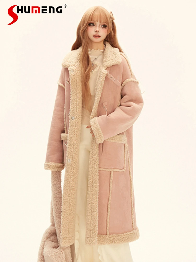 Elegant Commute Thick Warm Jacket Coat Sweet Cute Pink Suede Lamb Fleece Splicing Casual Loose Faux Fur Long Coats Women Winter