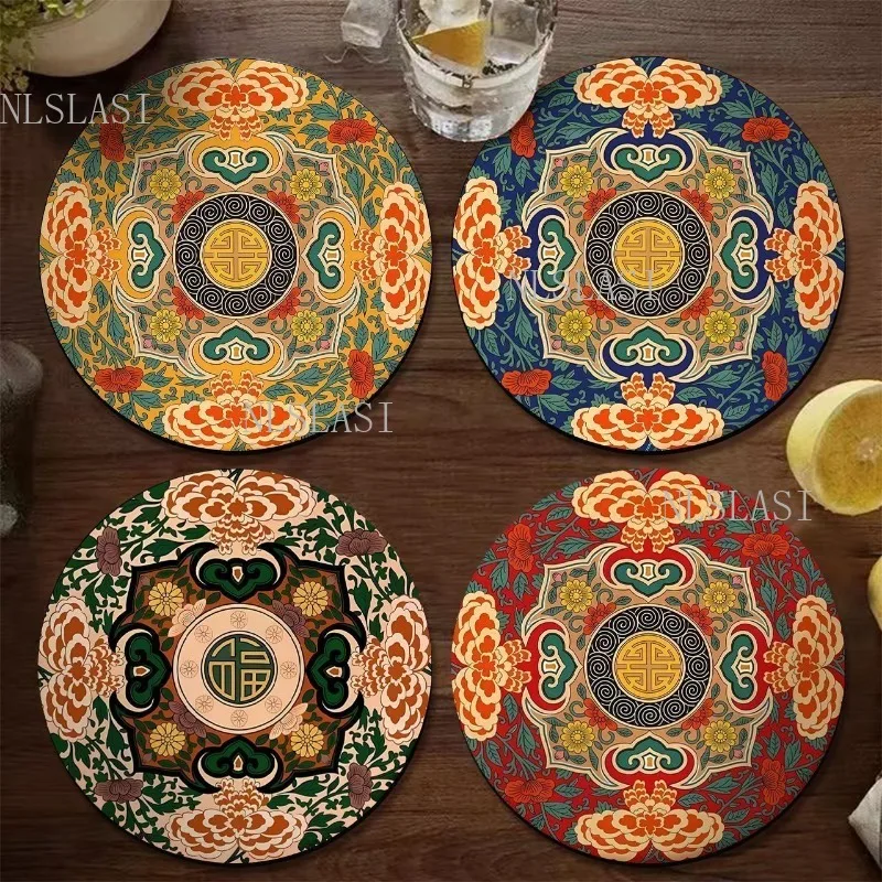 5pcs Vintage Chinese Mandala Floral Round Table Placemat Non Slip Waterproof Heat Insulation Table Pad for Dining Kitchen Decor